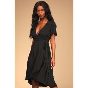 Lulus Rise To The Occasion Black Midi Wrap Dress - Size S